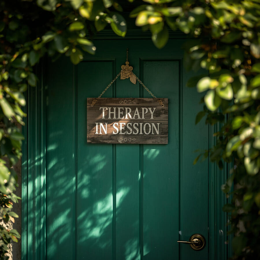 Green Door With Therapy In Session Sign Hanging Up